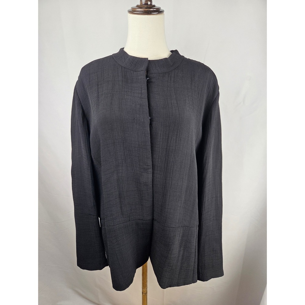 Eileen Fisher Jacket L Black Crinkle Silk Rayon Sponge Weave Peplum Lagenlook